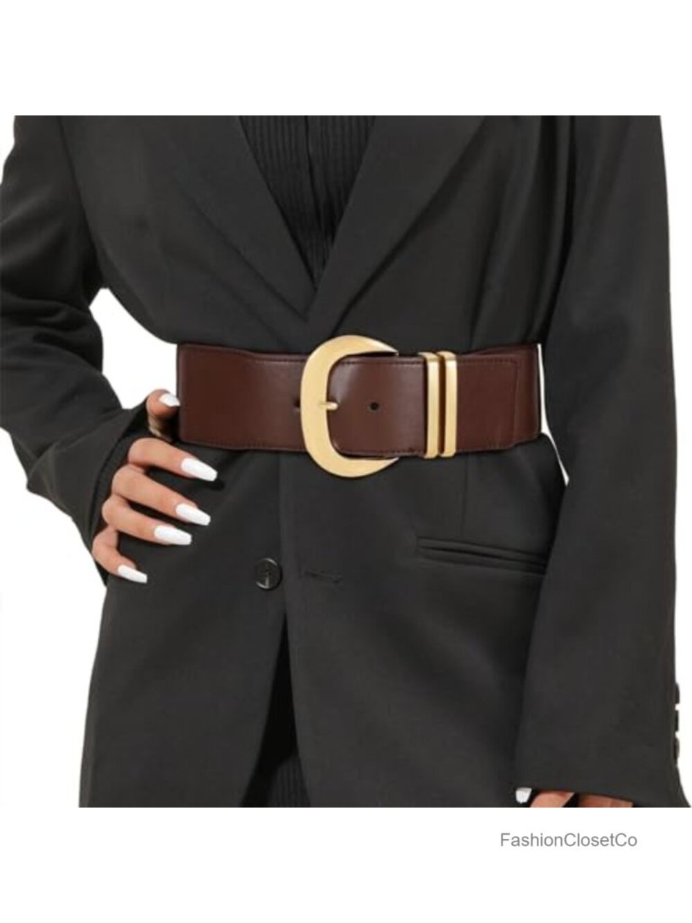 Wide Elastic Waist Belt for Dresses with Gold Buckle Stretchy PU Leather